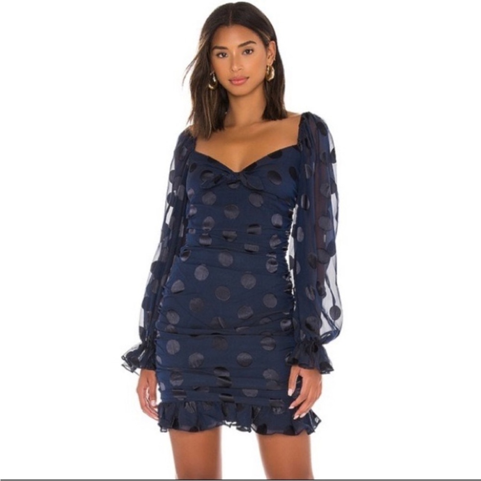 For Love & Lemons Lula Polka Dot Ruched Mini Dress Navy Size S